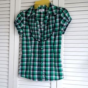 Blue Green Checked casual button down Top with collar